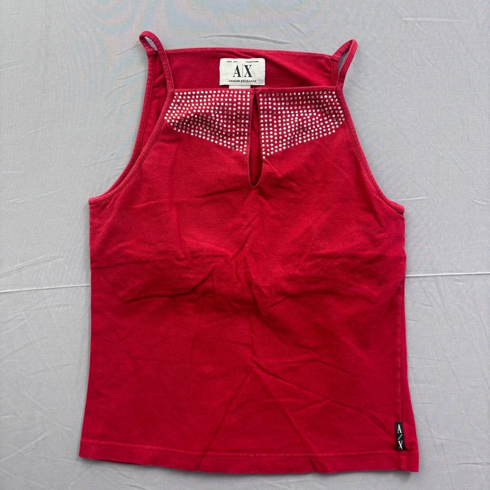 Armani Exchange Red Rhinestone Keyhole Tank Top Y2K Spaghetti Strap Women Medium